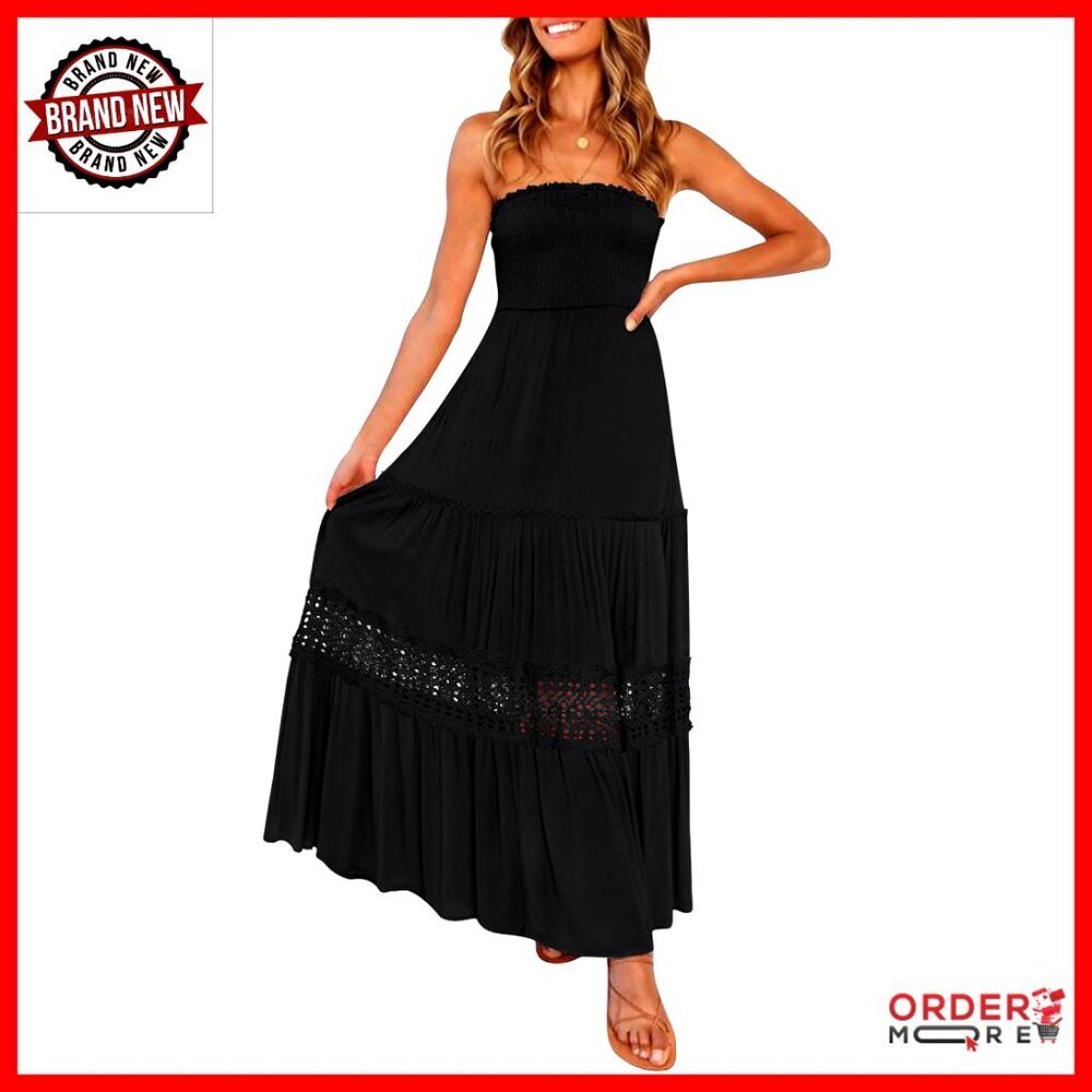 Strapless Off Shoulder Maxi Dress Bohemian Lace Trim Backless Flowy Formal